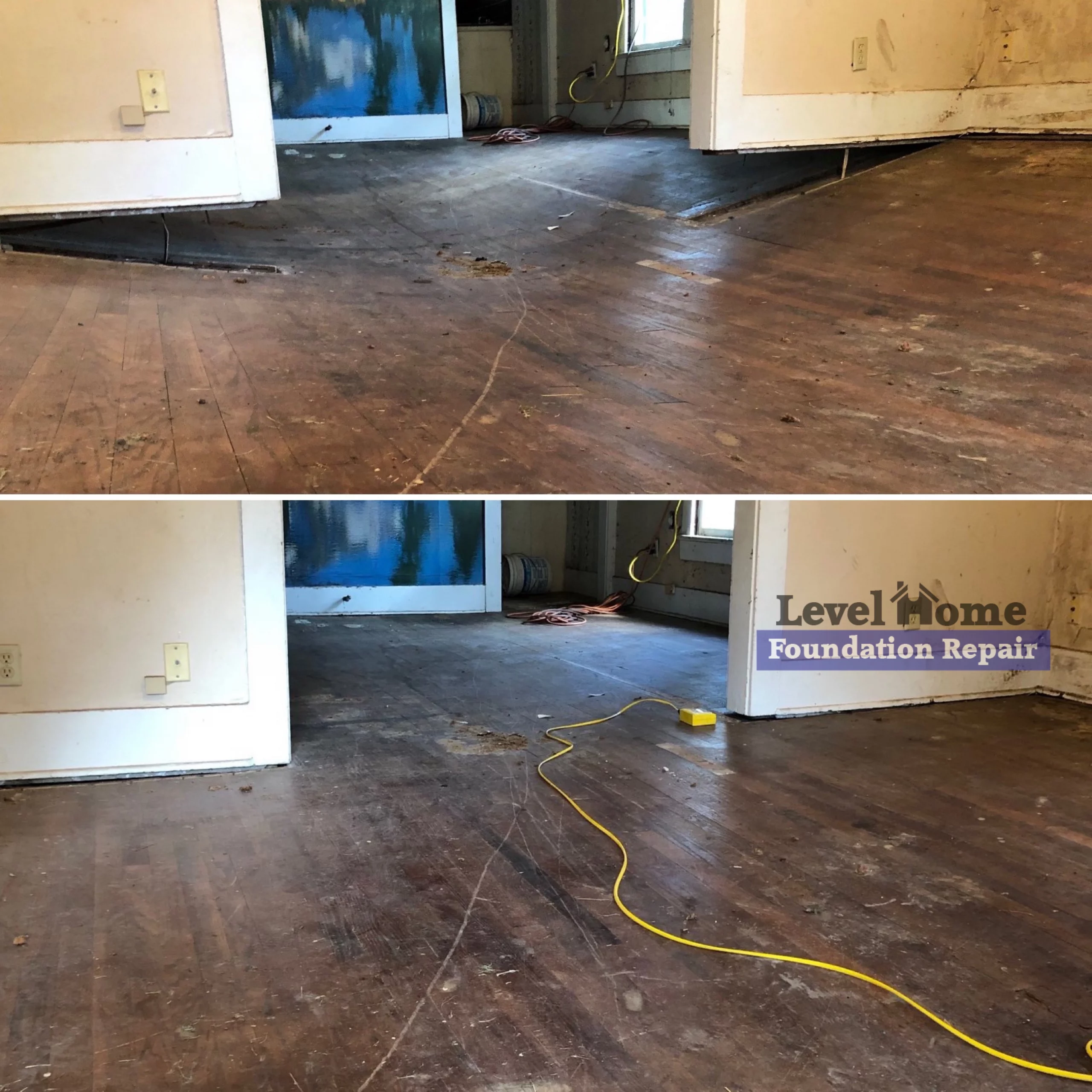 before and after photo of floors during crawl space structural repair