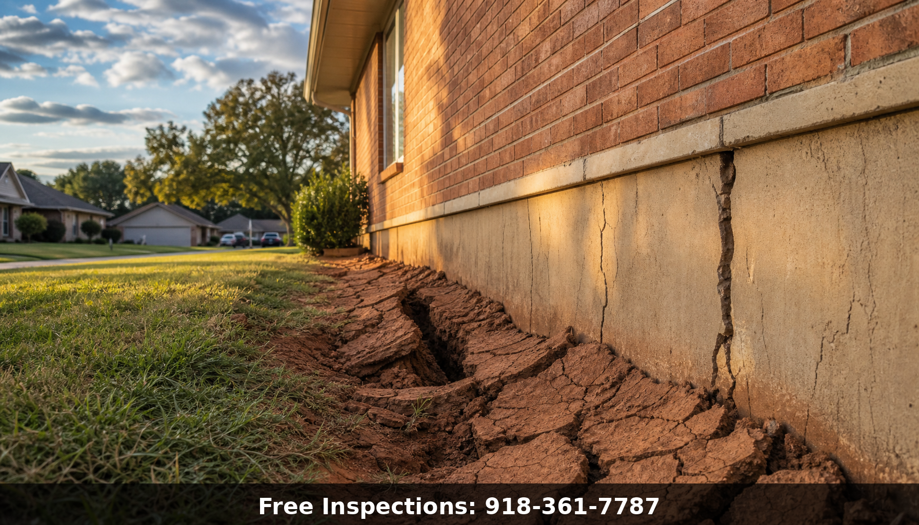 Cracked red clay soil pulling away from a residential foundation wall in Tulsa Oklahoma showing foundation damage