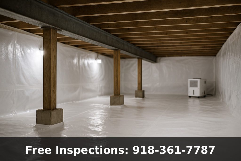 Professionally encapsulated crawl space with white vapor barrier and structural supports in Tulsa Oklahoma home