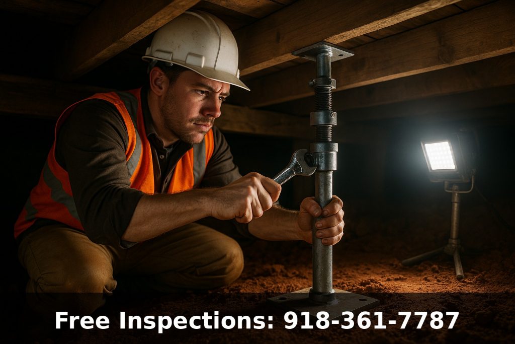 Crawl space repair technician installing steel support jack under floor joists in Tulsa Oklahoma home