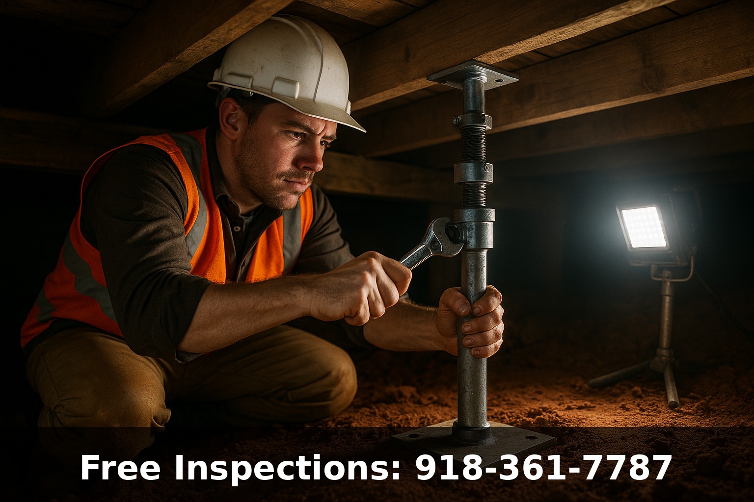 Crawl space repair technician installing steel support jack under floor joists in Tulsa Oklahoma home
