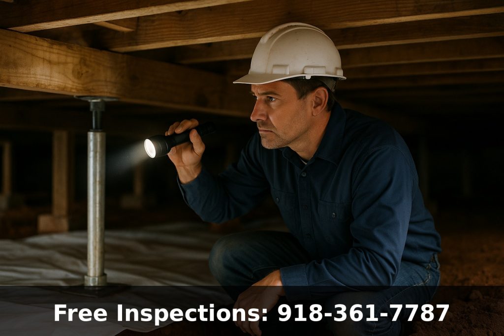 Professional crawl space repair technician inspecting floor joists and installing support jack under Tulsa Oklahoma home