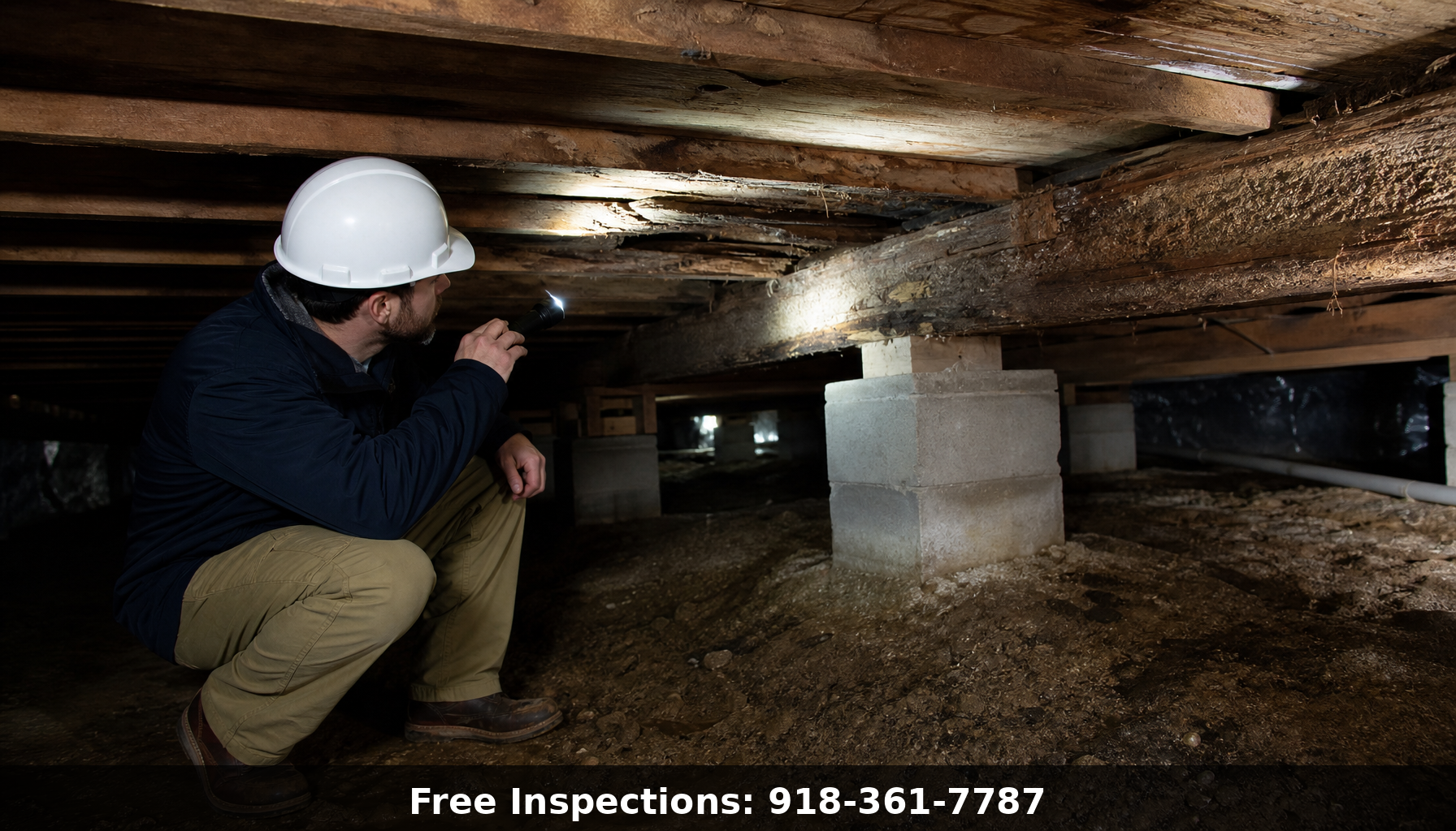 Professional foundation repair technician inspecting a residential crawl space with a flashlight showing deteriorated floor joists and support beams