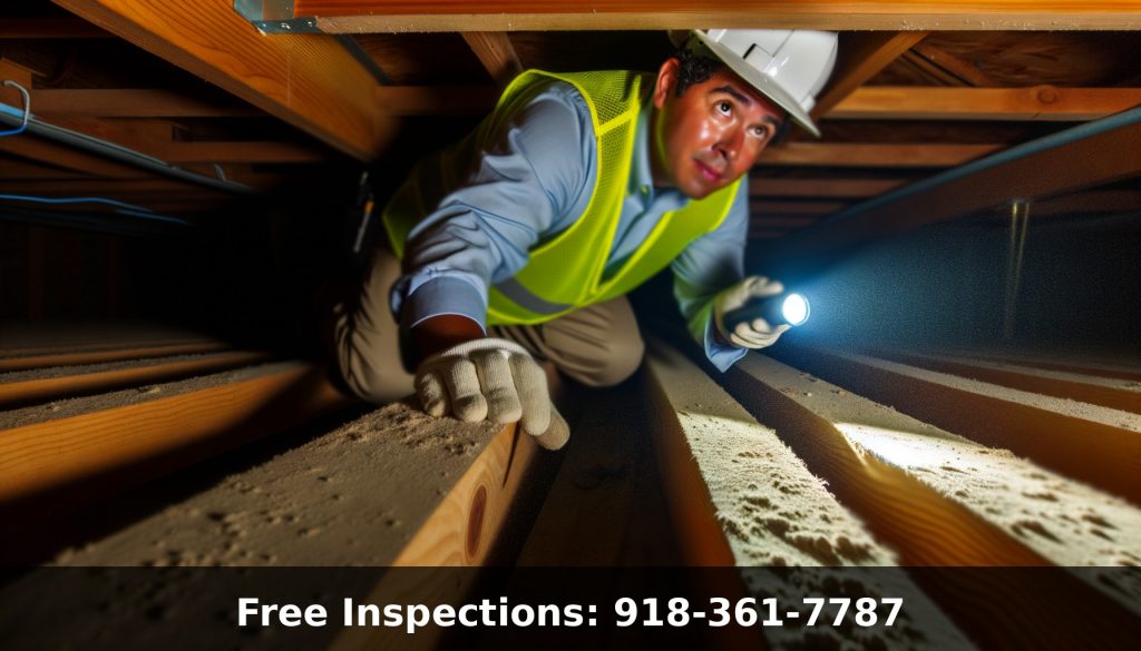 Professional contractor inspecting crawl space structural supports in Tulsa Oklahoma
