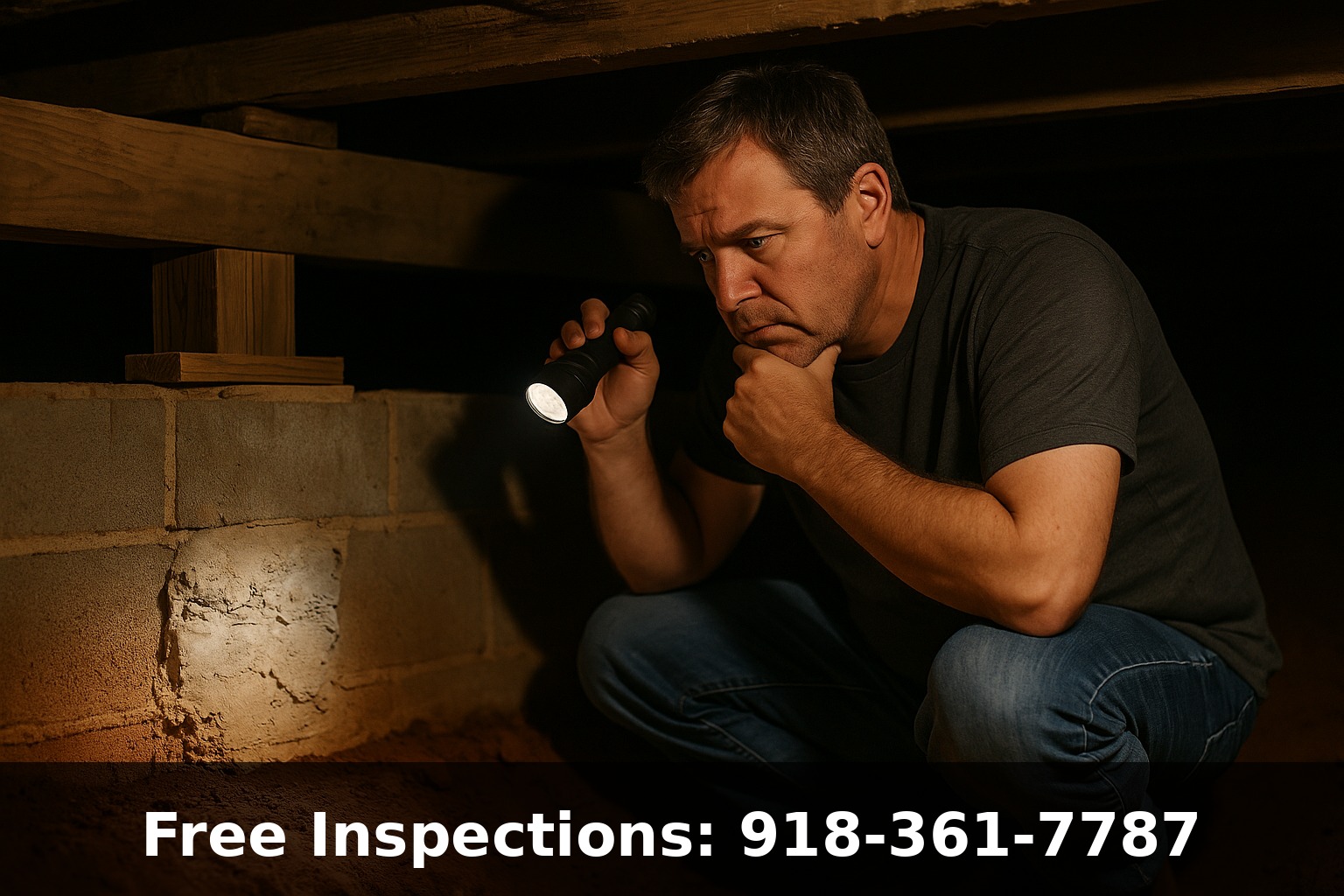 Homeowner discovering failed DIY foundation repair in crawl space - why professional foundation repair in Tulsa matters