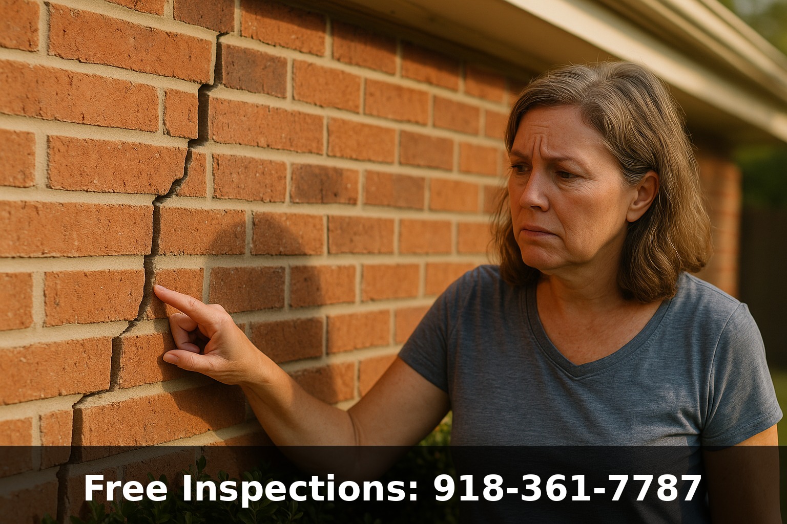 Homeowner examining stair-step crack in exterior brick wall of Oklahoma home - foundation repair Tulsa