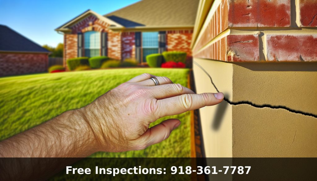 Homeowner examining stair-step crack in brick foundation wall Tulsa Oklahoma