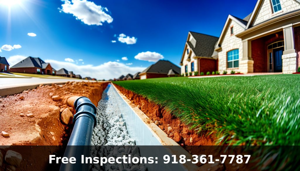 Professional foundation drainage system installation in Tulsa Oklahoma with French drain gravel channel and PVC pipe