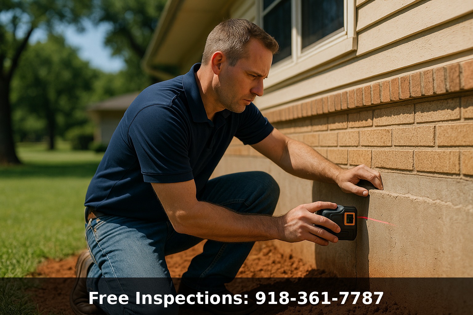 Foundation inspection in Tulsa - professional inspector examining home foundation with laser level tool