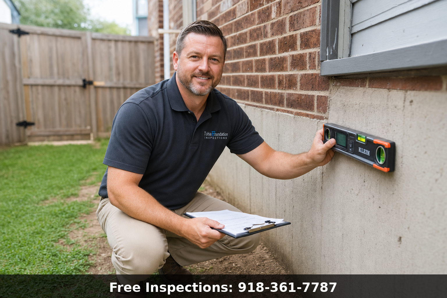 Professional foundation inspector checking a residential home foundation in Tulsa Oklahoma with digital level