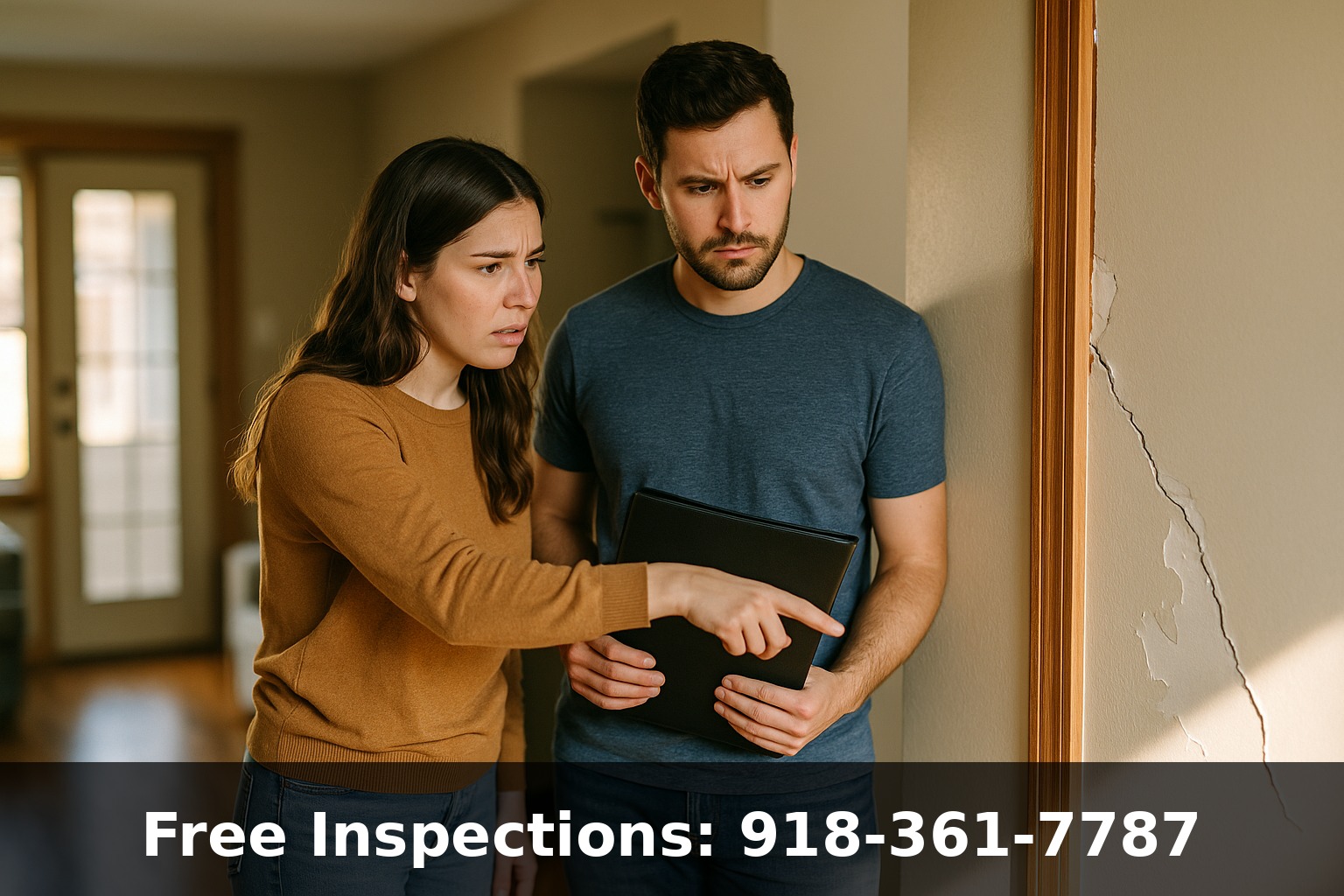 Concerned Oklahoma homeowners discovering failed foundation repair cracks near door frame after buying home - foundation inspection Tulsa