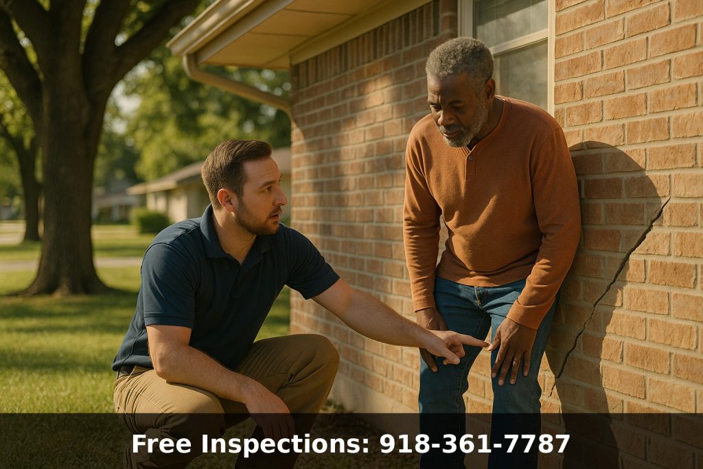Foundation repair specialist inspecting crack on home exterior in Pryor Oklahoma