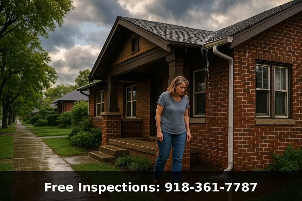 Midtown Tulsa craftsman home with water pooling near foundation after rainstorm