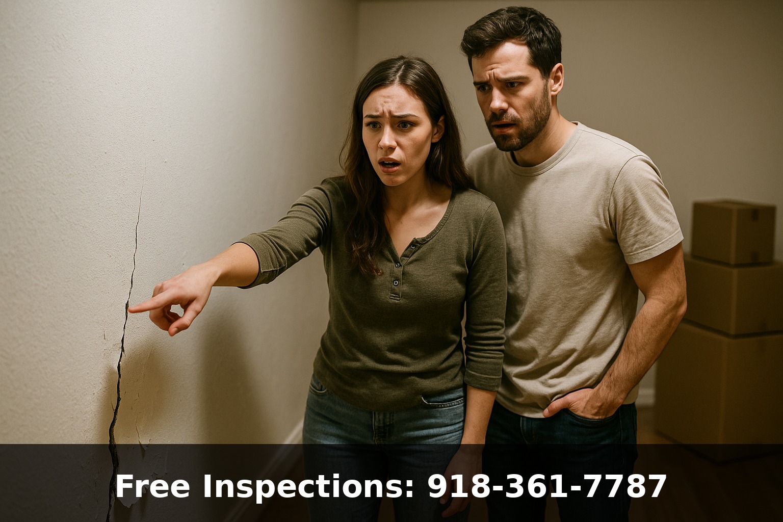Young couple discovering hidden foundation crack in recently purchased home