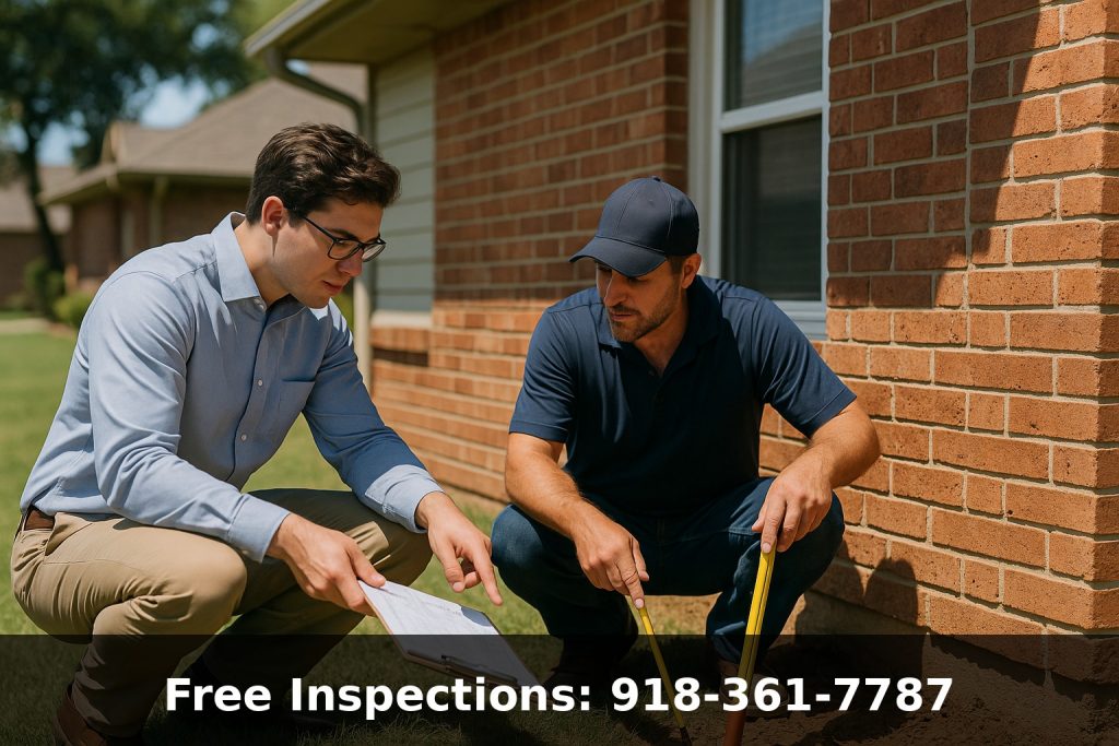 Structural engineer and foundation repair specialist examining home foundation together in Tulsa Oklahoma