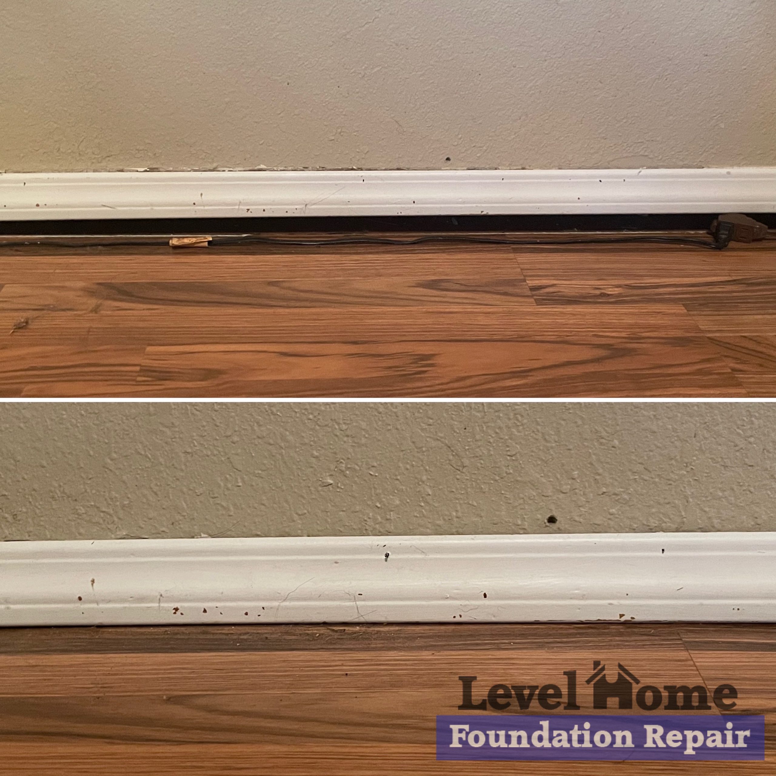 Before and after slab foundation repair showing baseboard gap closed after leveling by Level Home Foundation Repair in Tulsa