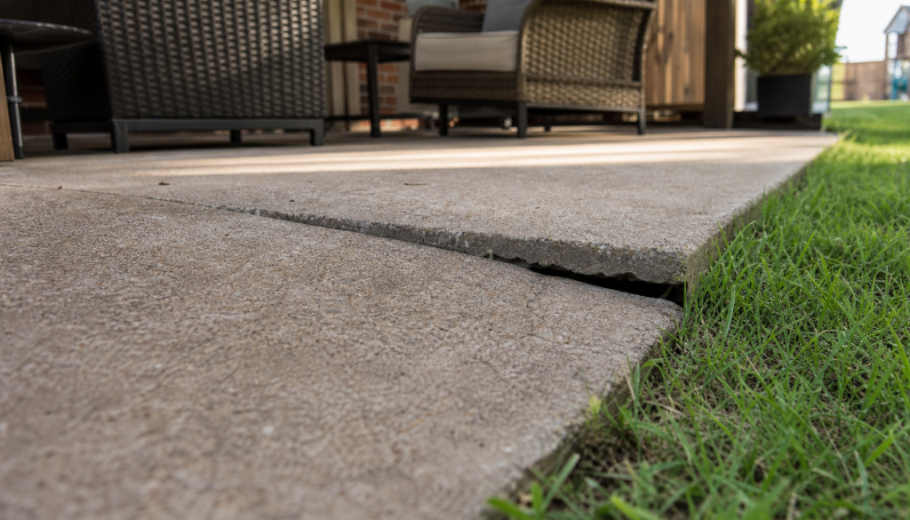 Sunken concrete patio slab creating an uneven trip hazard in a Tulsa Oklahoma backyard