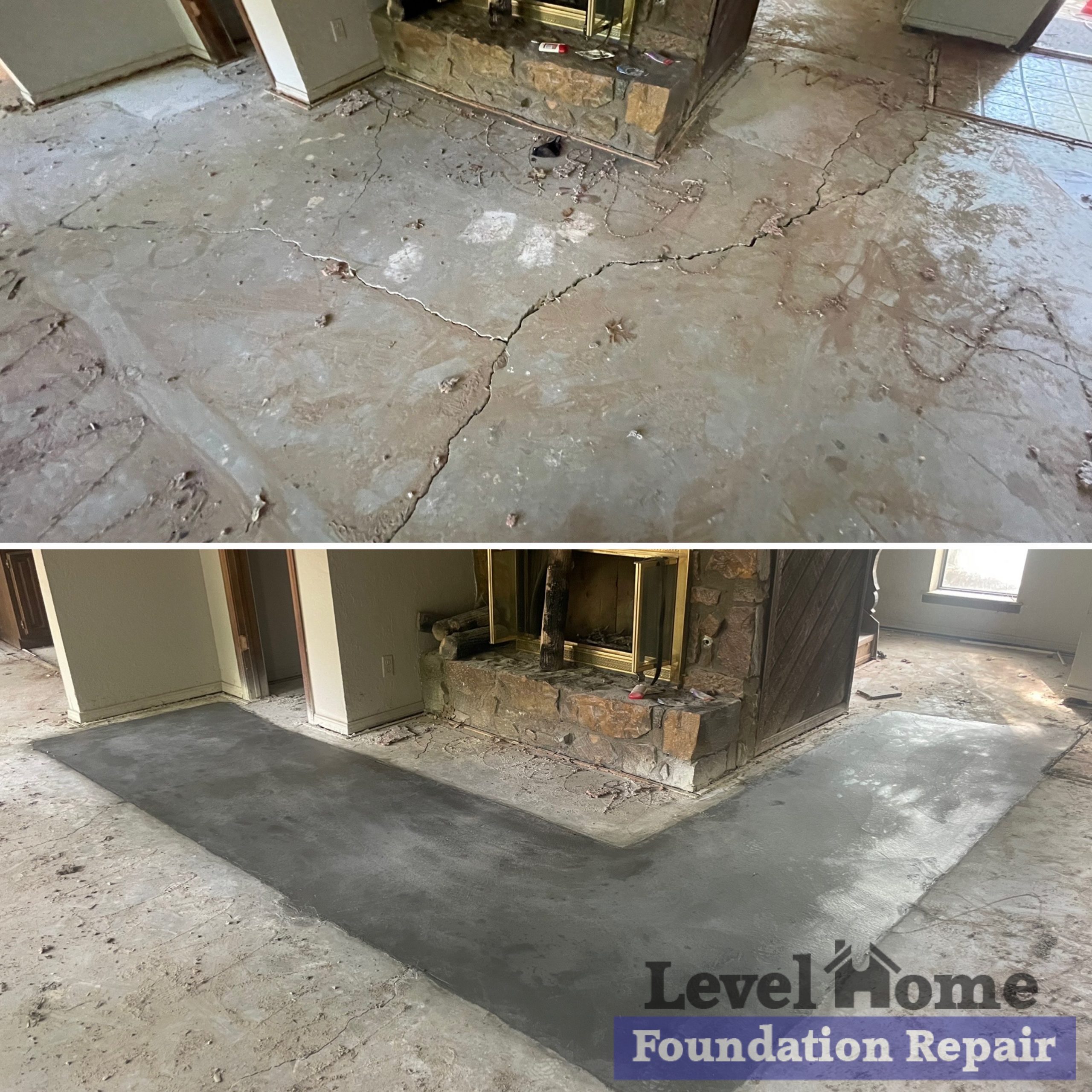 Before and after interior slab replacement near fireplace showing cracked concrete repaired by Level Home Foundation Repair in Tulsa