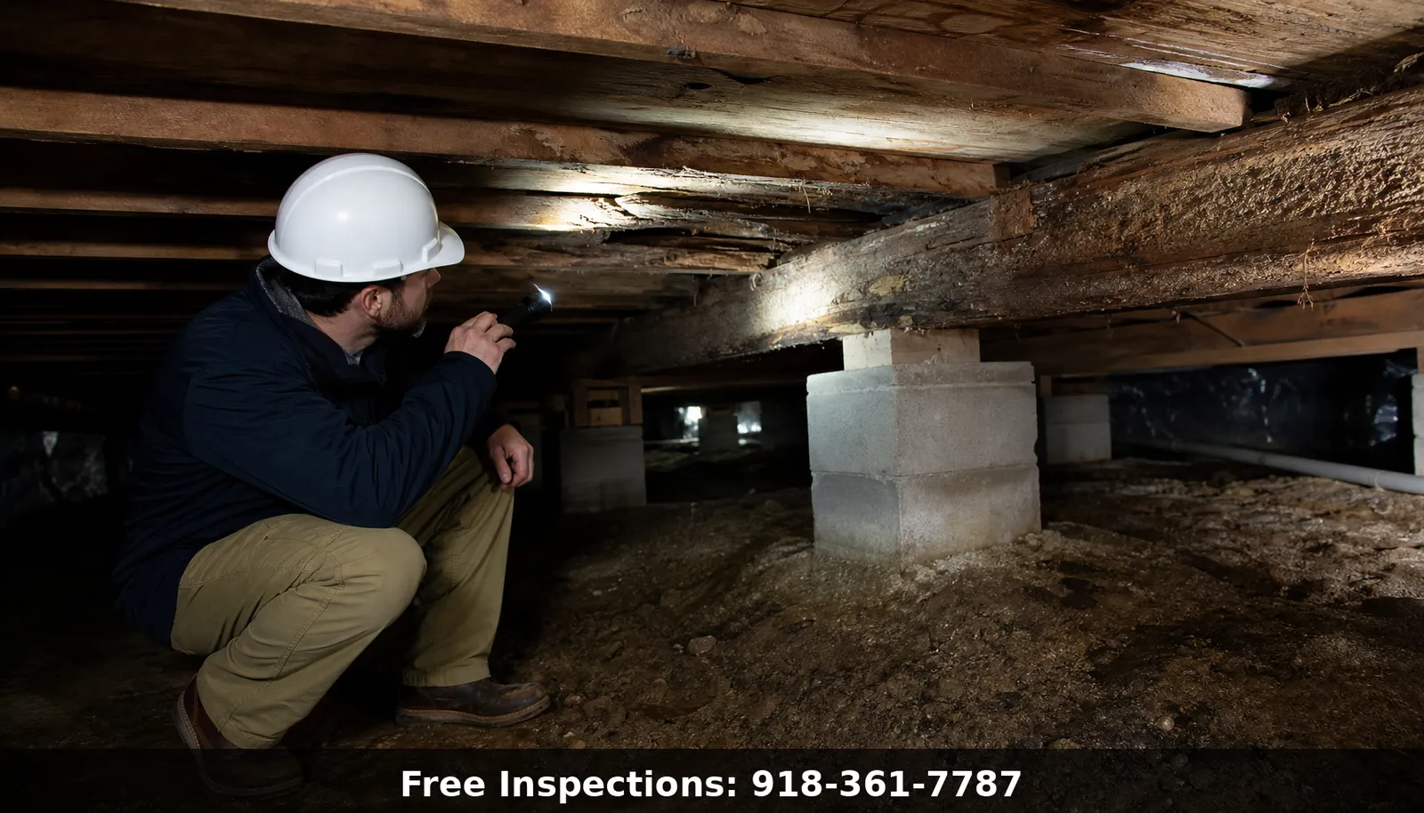 Professional foundation repair technician inspecting a residential crawl space with a flashlight showing deteriorated floor joists and support beams