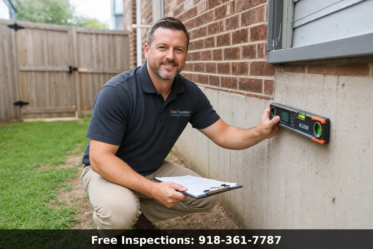 Professional foundation inspector checking a residential home foundation in Tulsa Oklahoma with digital level