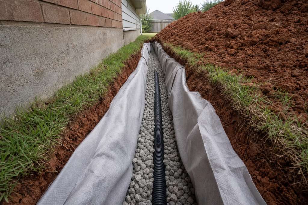 French drain installation trench with perforated pipe and gravel bed along Oklahoma home foundation in red clay soil