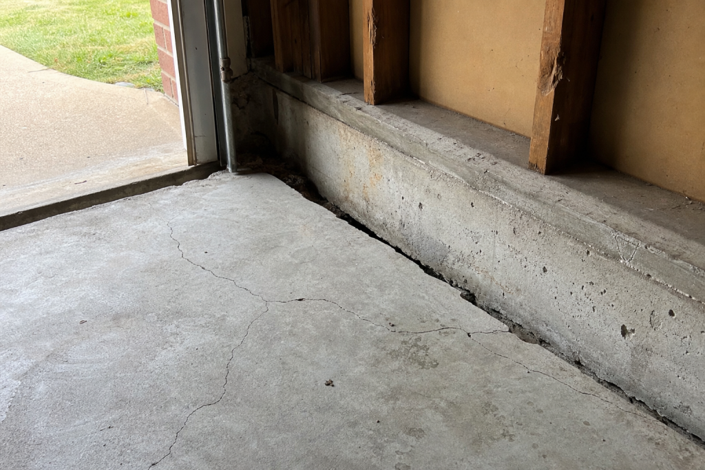 Sunken garage floor with settlement cracks along the slab joint in a Tulsa Oklahoma home