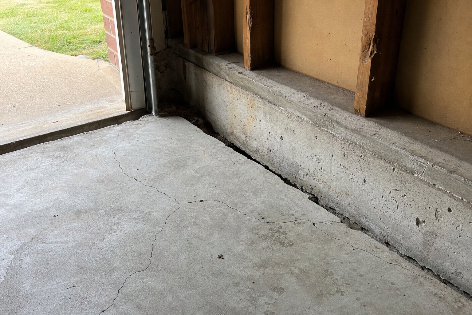 Sunken garage floor with settlement cracks along the slab joint in a Tulsa Oklahoma home