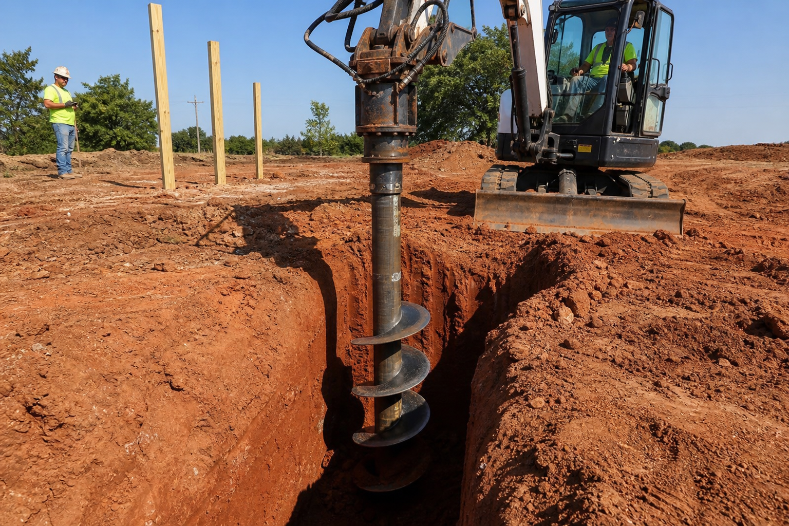 Helical pier being installed deep into Oklahoma clay soil with hydraulic torque motor showing depth markers on the steel shaft