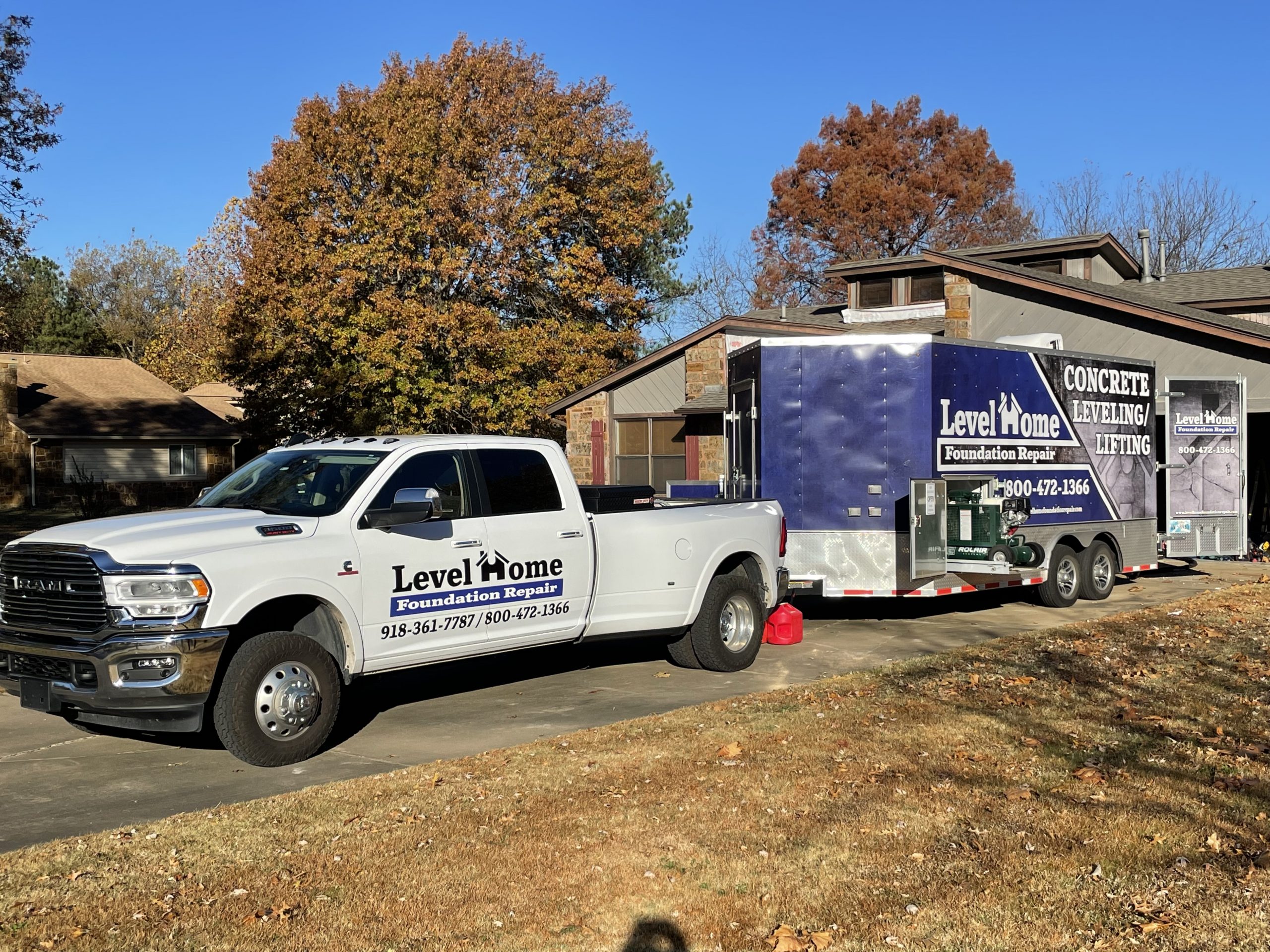 Level Home Foundation Repair truck and high density polyurethane rig used for interior slab lifting in Tulsa