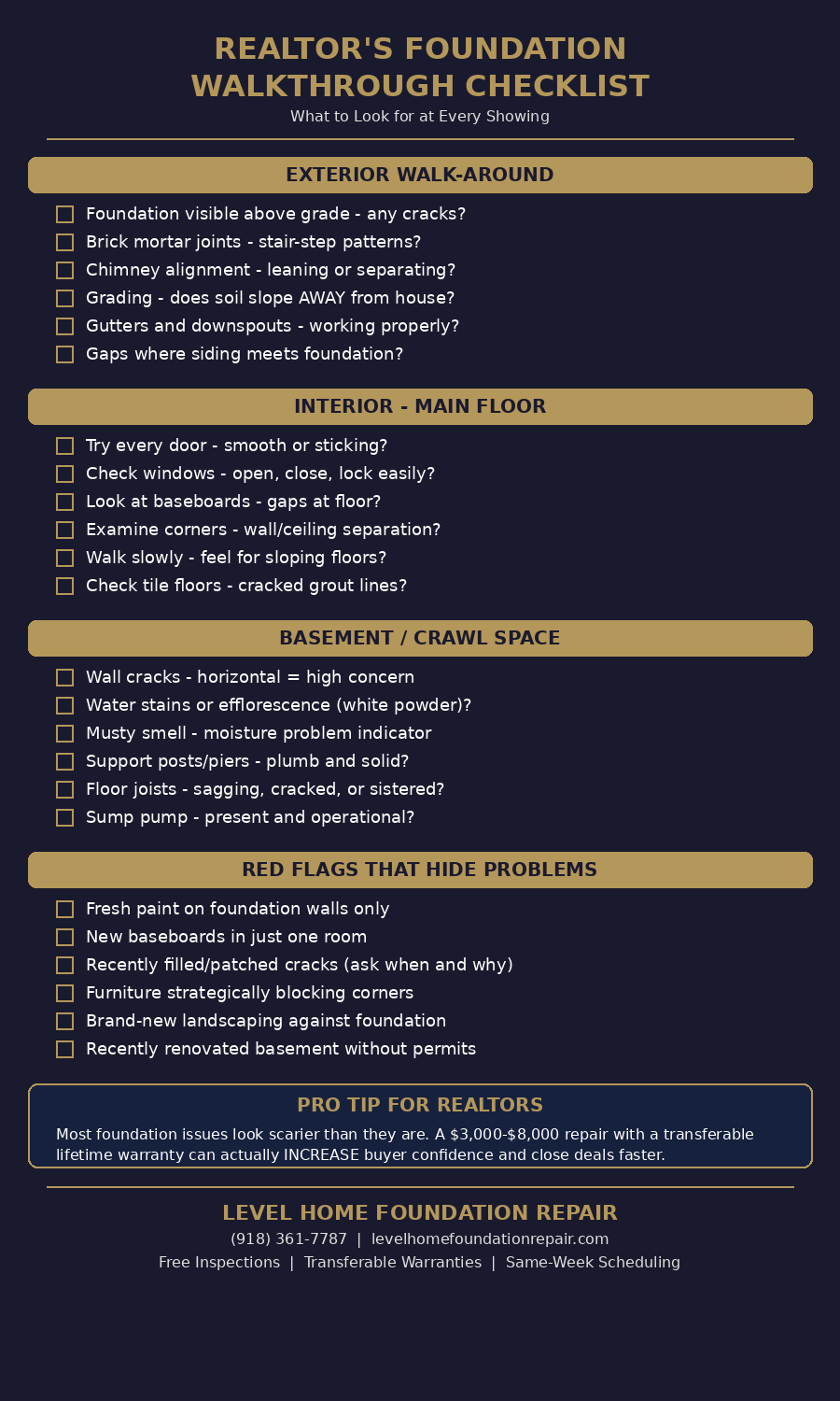 Realtor foundation walkthrough checklist infographic covering exterior interior basement and red flags to watch for