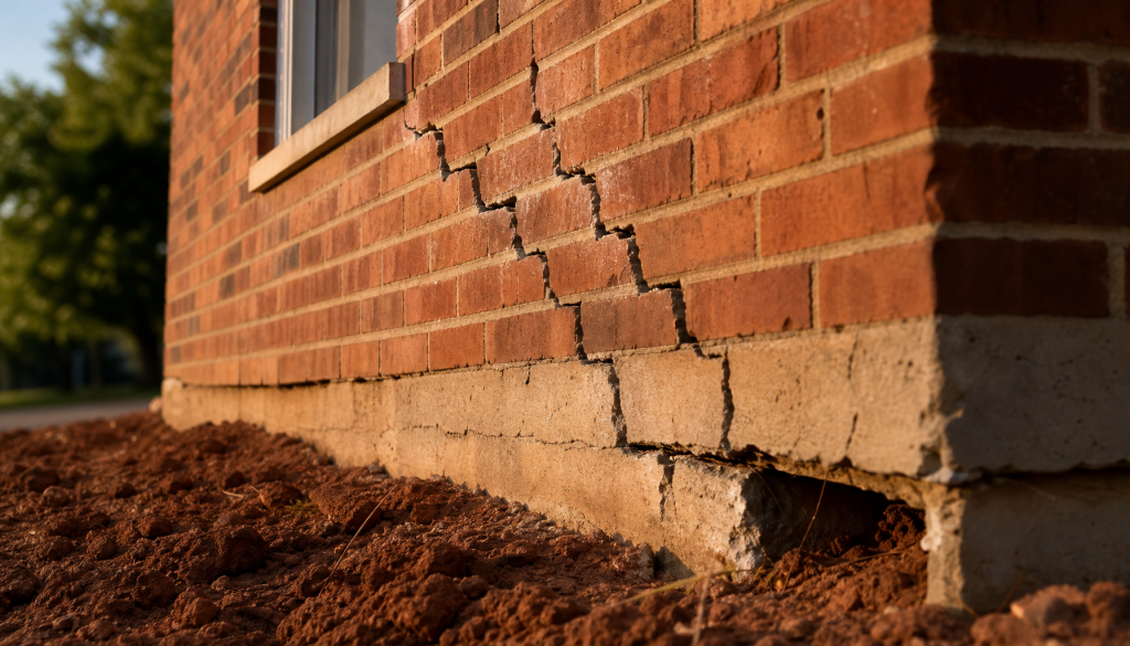 Diagonal staircase cracks in a brick wall showing foundation sinking with Oklahoma red clay soil visible at ground level