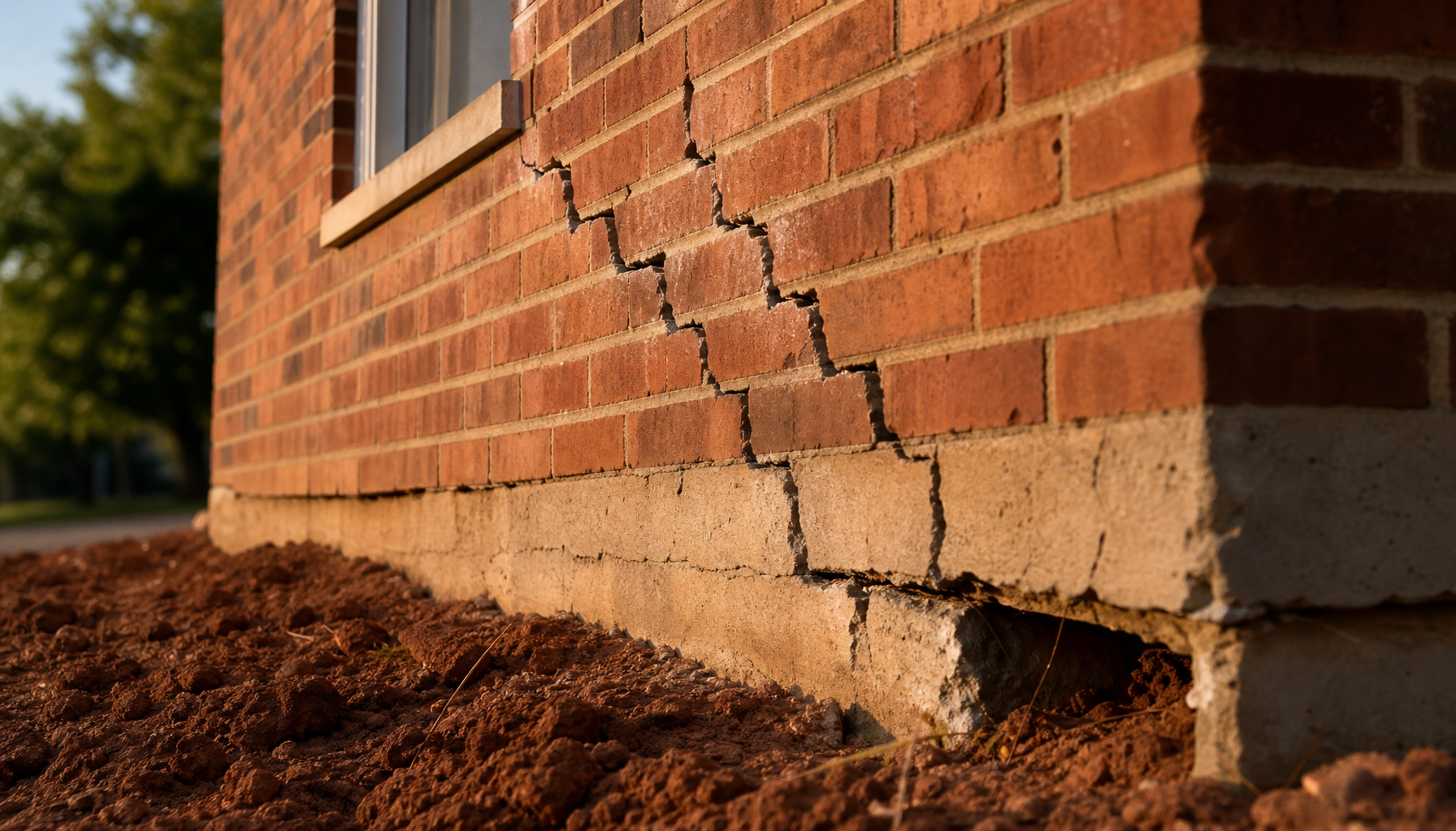 Diagonal staircase cracks in a brick wall showing foundation sinking with Oklahoma red clay soil visible at ground level