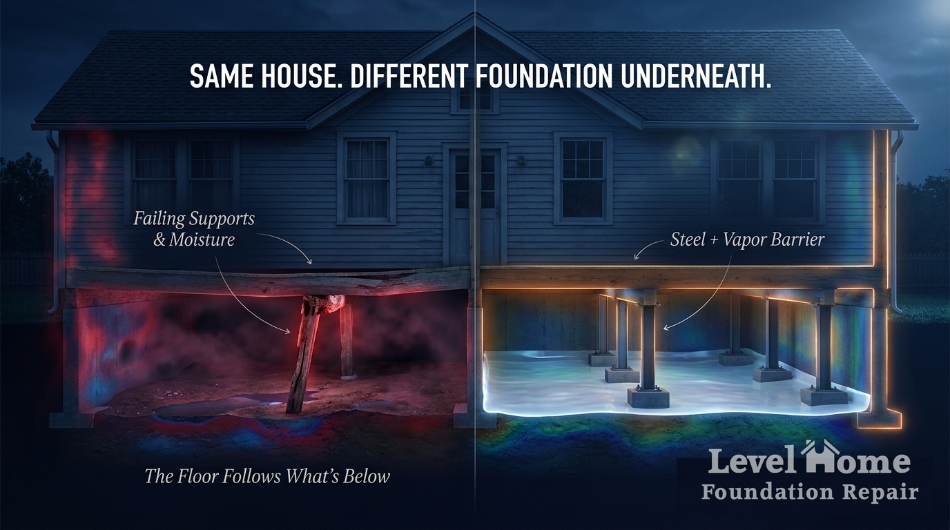 Interior crawl space foundation support system with adjustable steel columns — Level Home Foundation Repair Tulsa