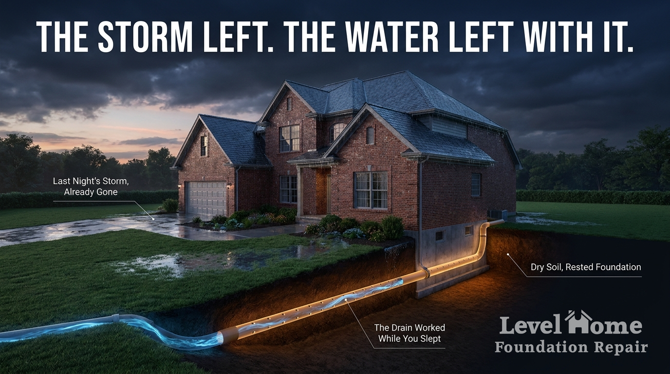 Foundation drainage system protecting a Tulsa home during heavy rain — Level Home Foundation Repair