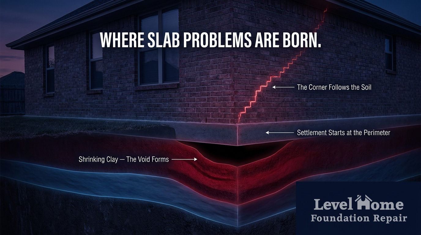 Diagram showing how shrinking clay soil causes slab foundation settlement in Tulsa homes — Level Home Foundation Repair