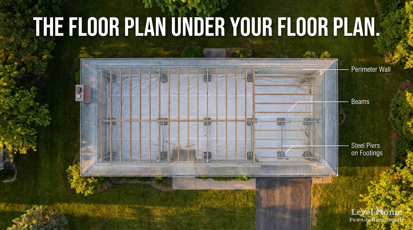 Aerial view of crawl space structural layout showing perimeter wall, steel piers on footings, and support beams beneath a home in Tulsa