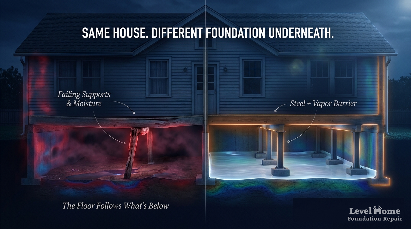 Crawl space vapor barrier installation diagram showing moisture shield coverage, perimeter sealing, and structural components protected beneath a Tulsa home