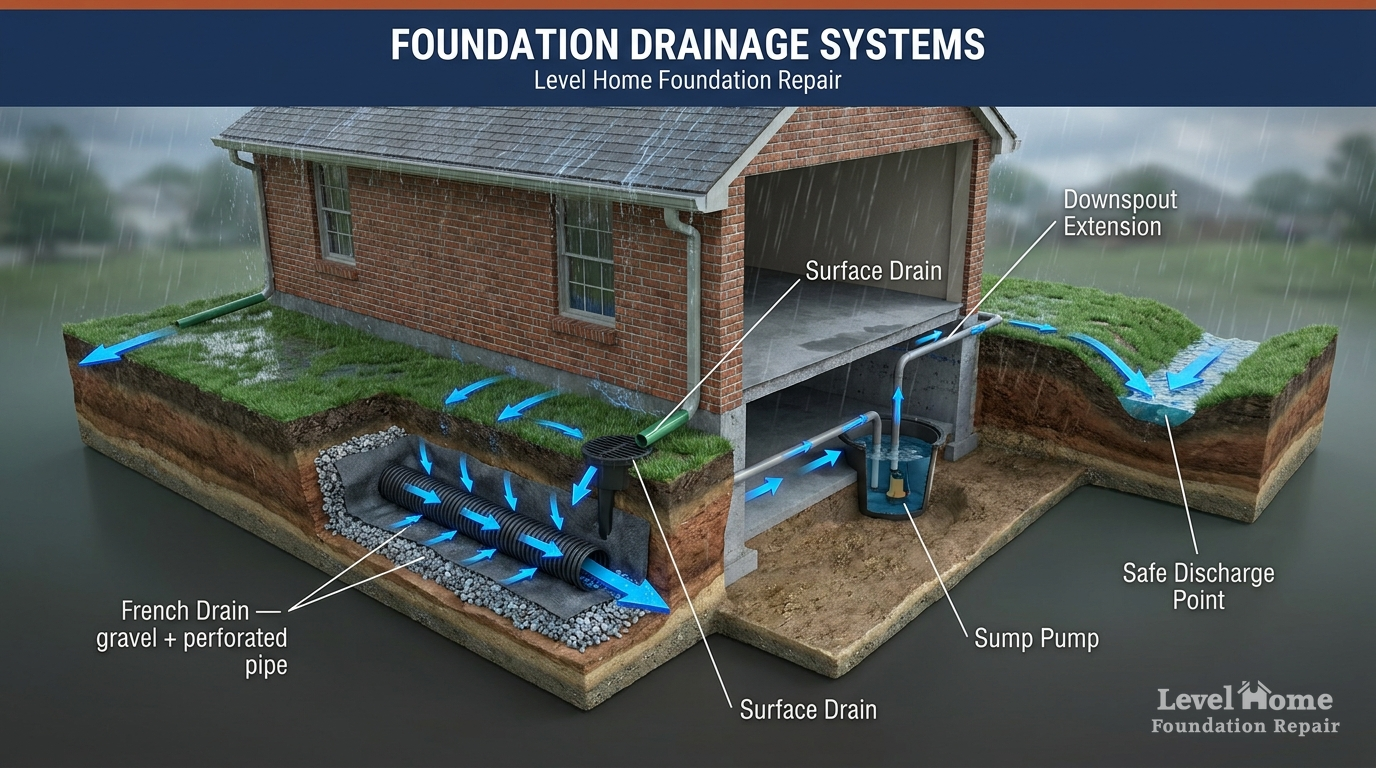 Foundation drainage systems diagram showing French drain, surface drain, sump pump, and downspout extension protecting a Tulsa home foundation from water damage
