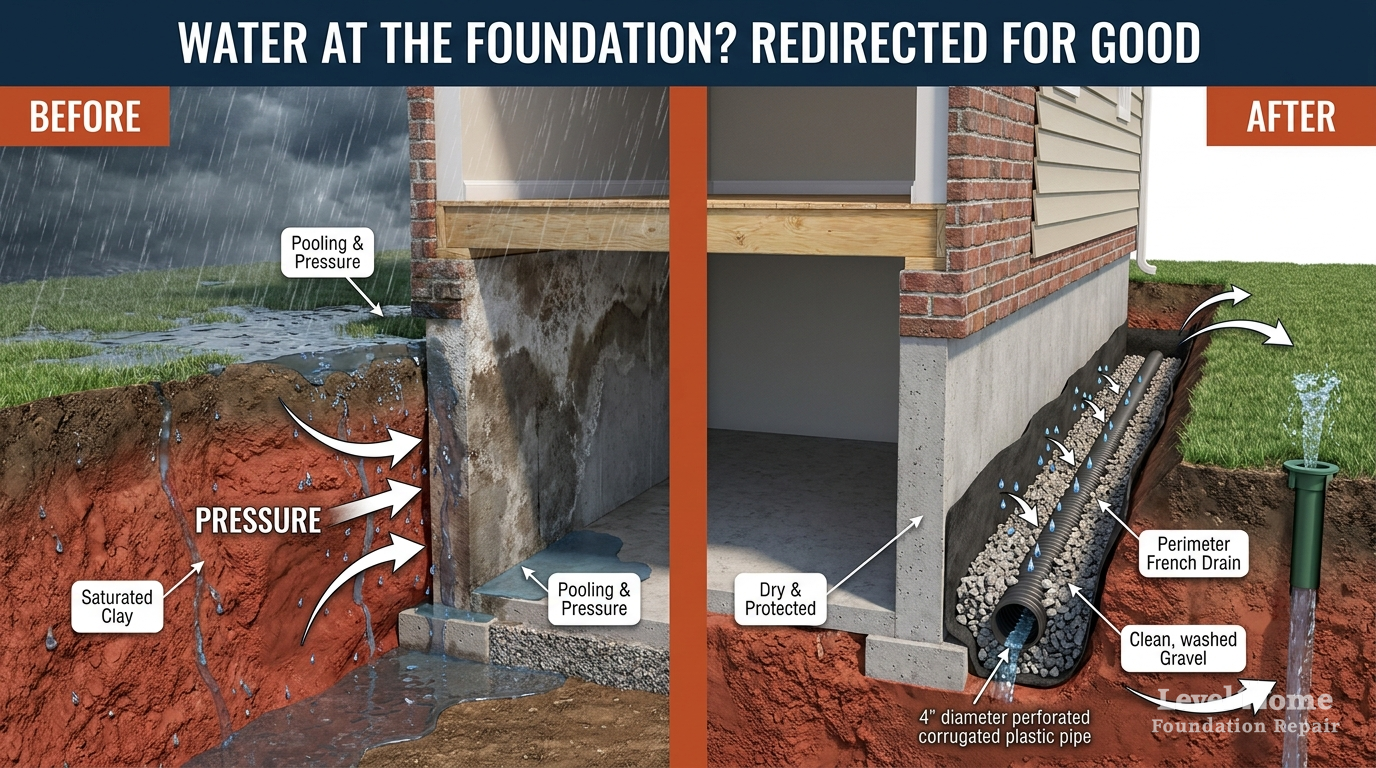 Before and after diagram of hydrostatic pressure at a foundation wall — saturated clay pooling versus perimeter French drain redirecting water permanently