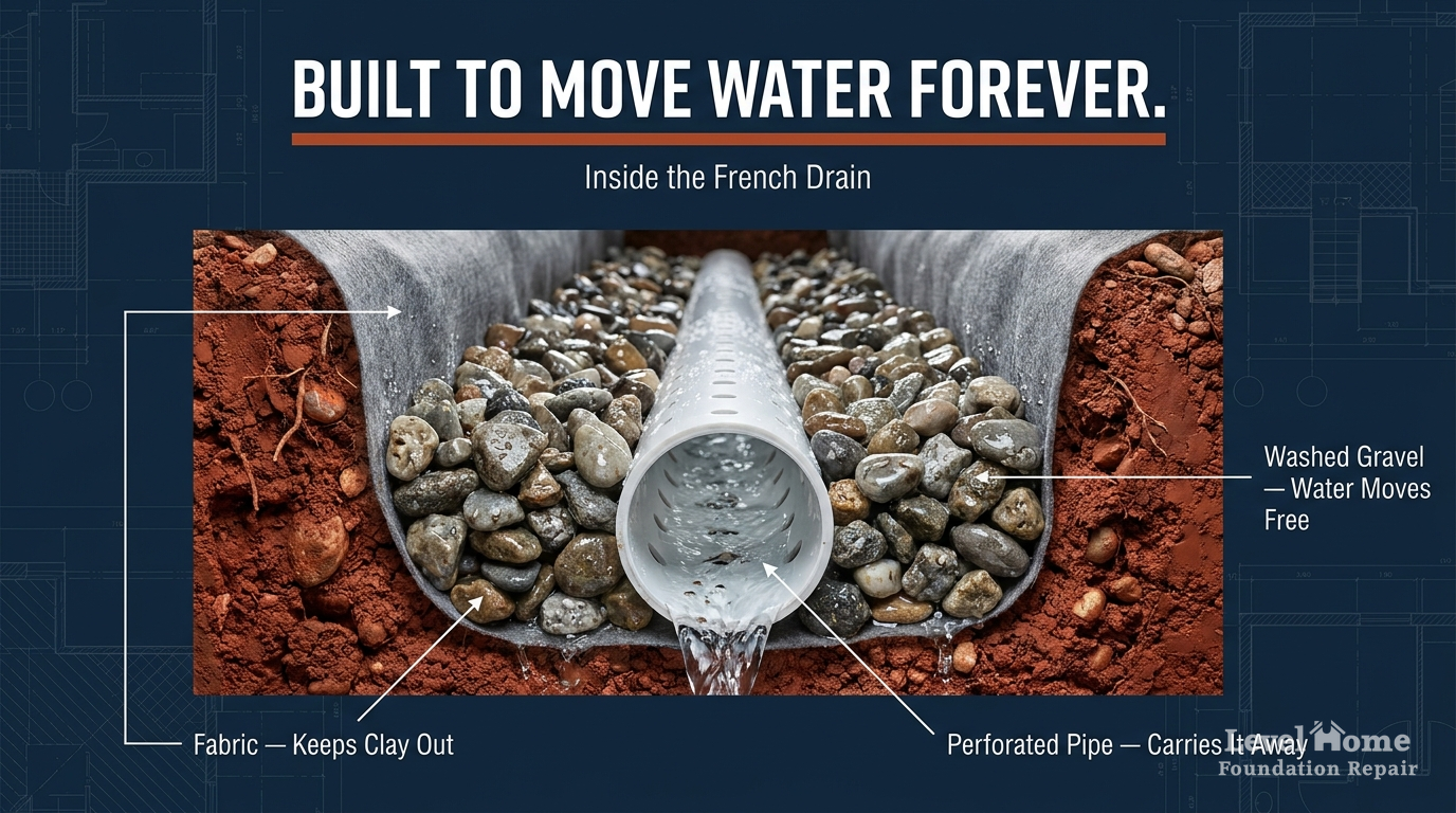 Cross-section of a French drain installation showing perforated pipe, washed gravel, and filter fabric designed for Oklahoma clay soil