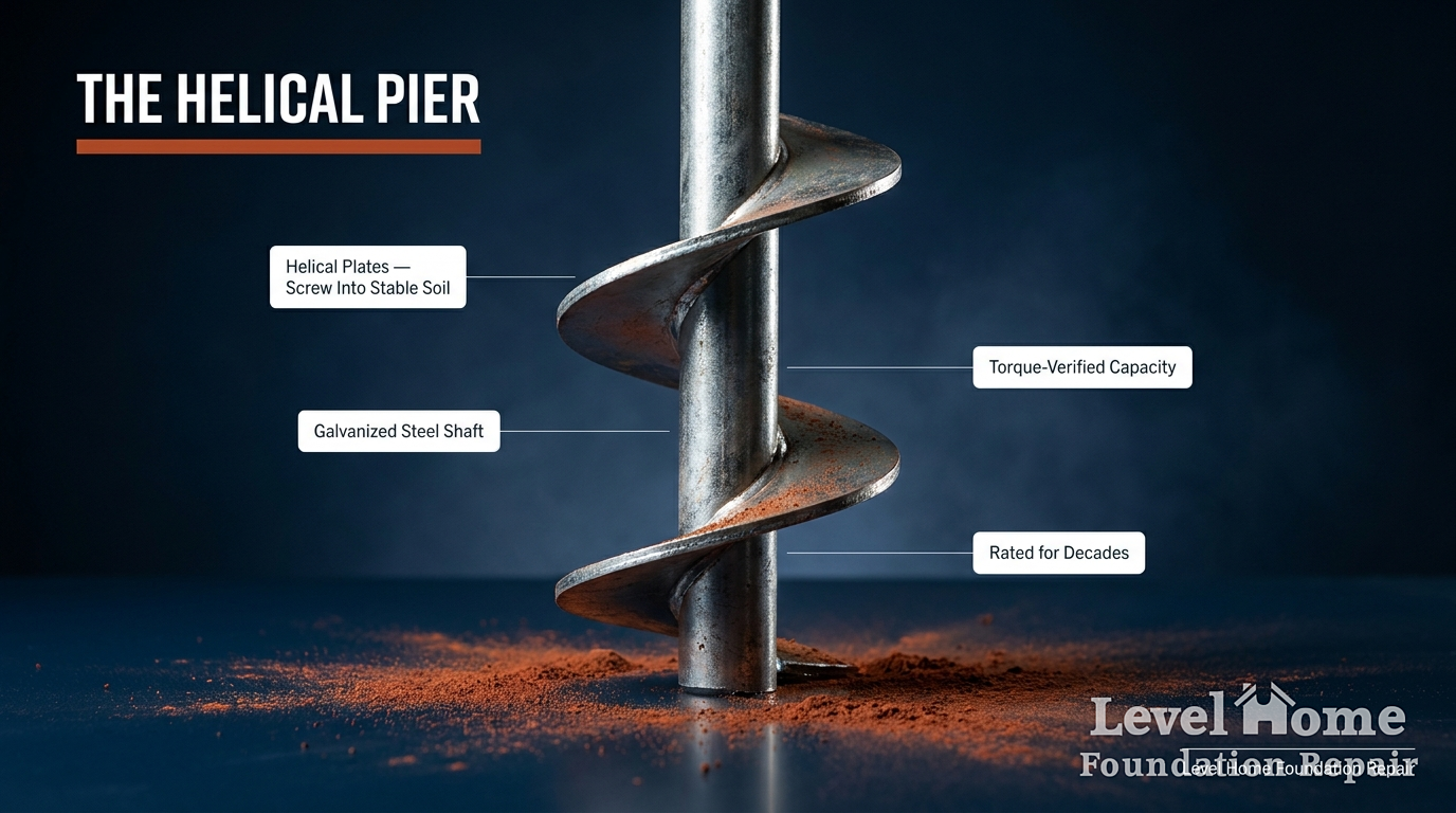 Helical pier diagram showing galvanized steel shaft helical plates and torque-verified capacity for foundation repair