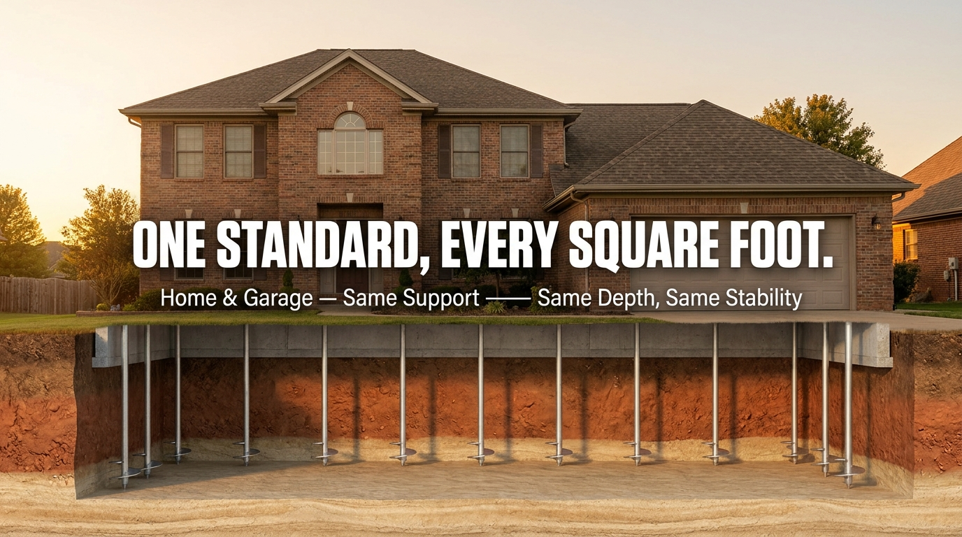 Steel pier foundation system supporting home and garage equally — one standard every square foot — Level Home Foundation Repair Tulsa