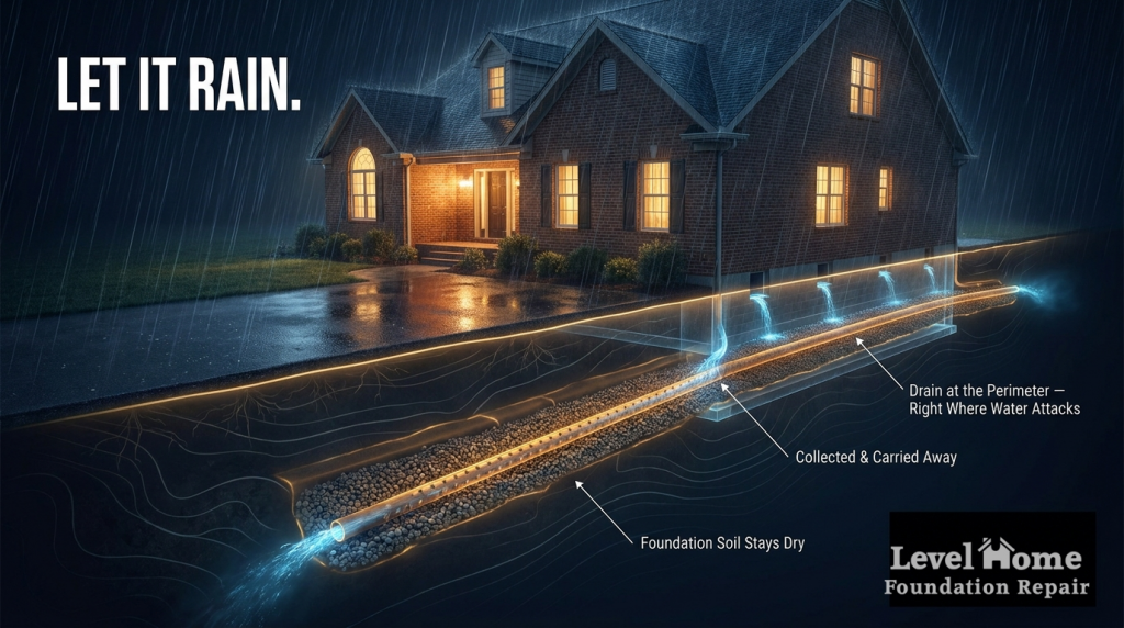 Perimeter French drain system protecting a Tulsa home foundation during heavy rain — diagram showing how water is collected and carried away to keep foundation soil dry