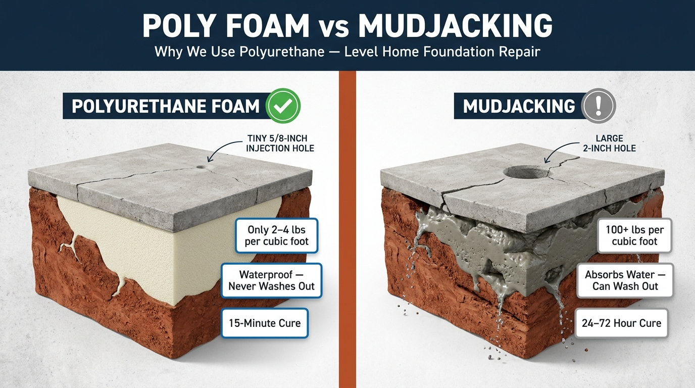 Poly foam vs mudjacking comparison showing injection hole size, material weight, water resistance, and cure time differences