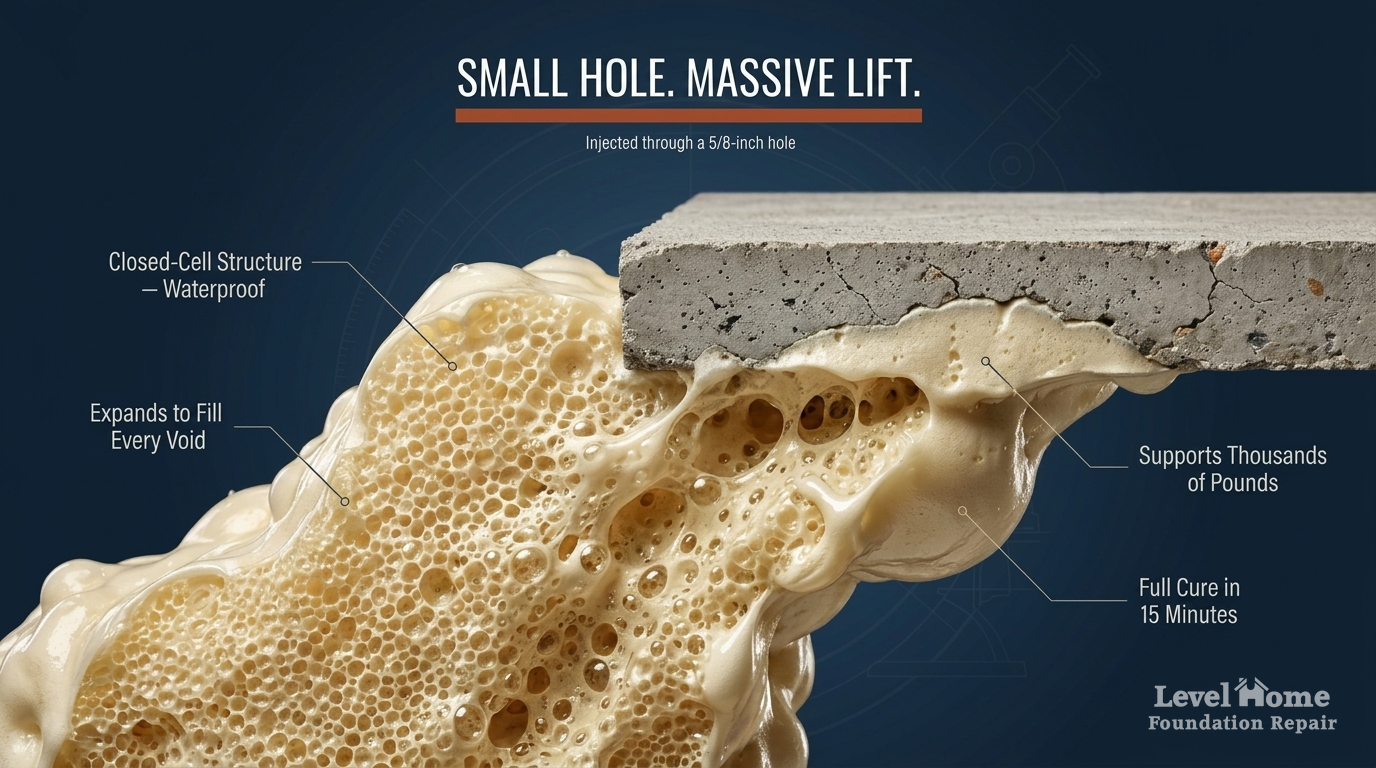 Polyurethane foam injection lifting and leveling a concrete slab in Tulsa — cross-section showing closed-cell expanding foam beneath the slab