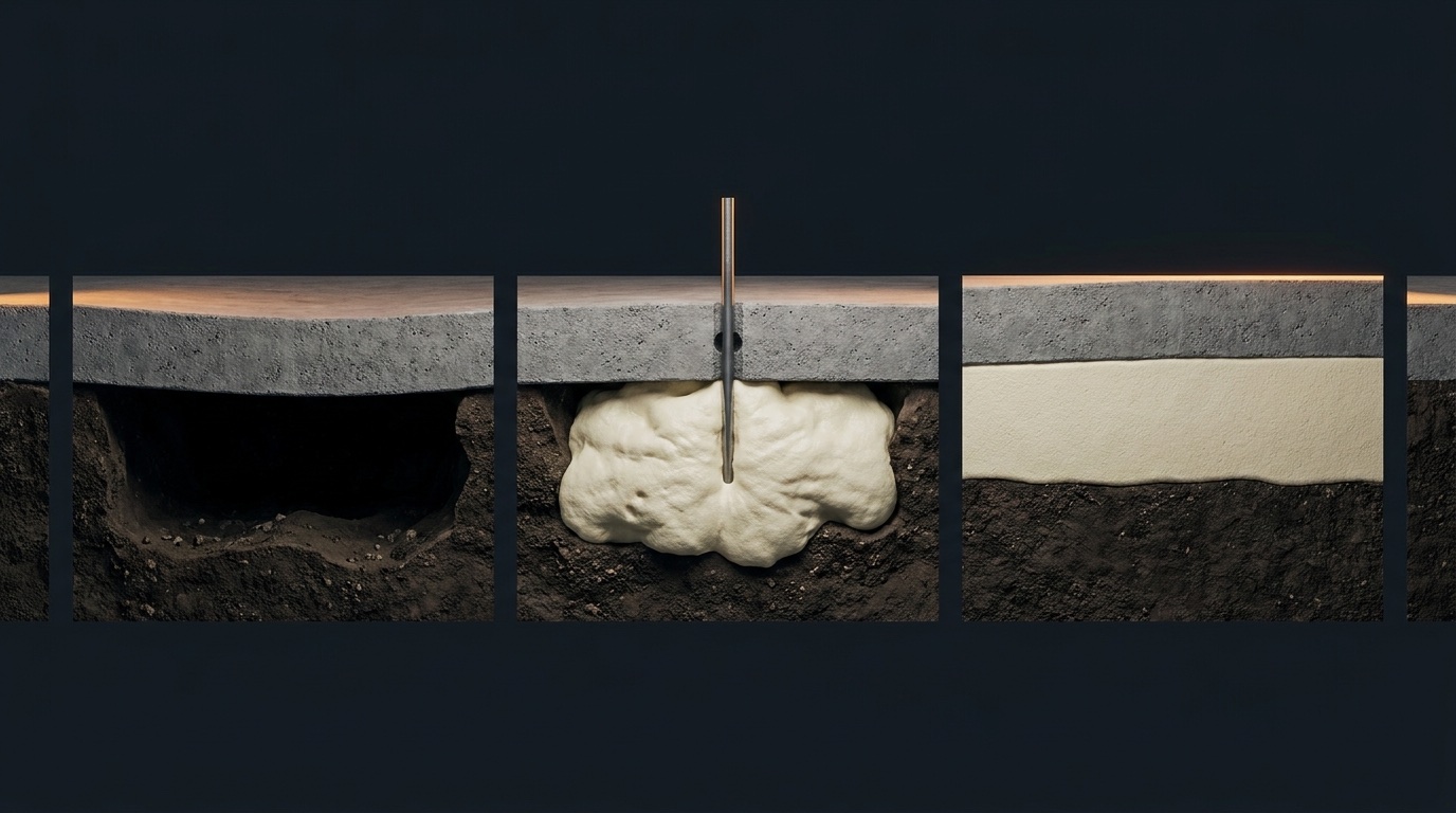 Three-stage cross-section showing polyurethane foam injection for concrete slab leveling: void beneath settled slab, expanding foam filling the void, and fully lifted and stabilized concrete