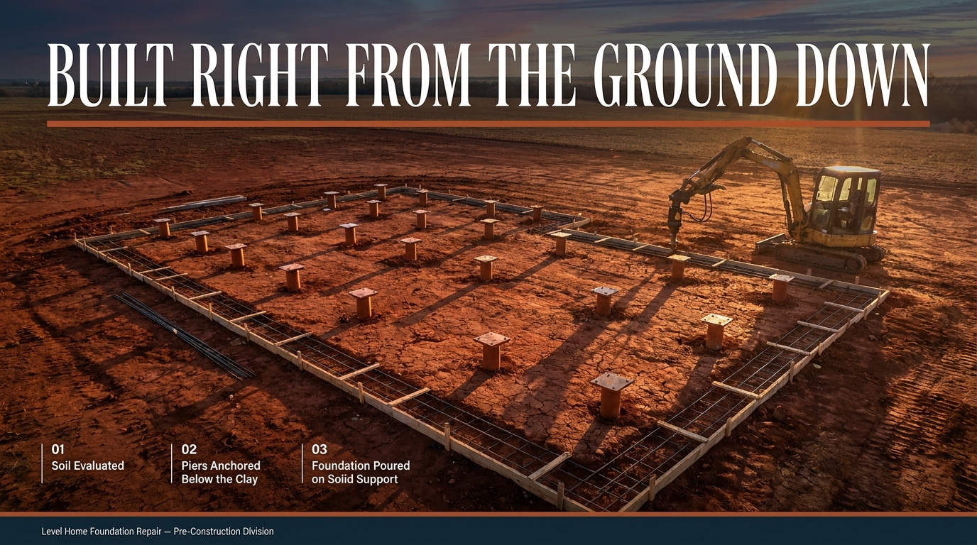 Pre-construction pier installation site in Tulsa showing steel piers anchored below clay soil with excavator and rebar grid before foundation pour