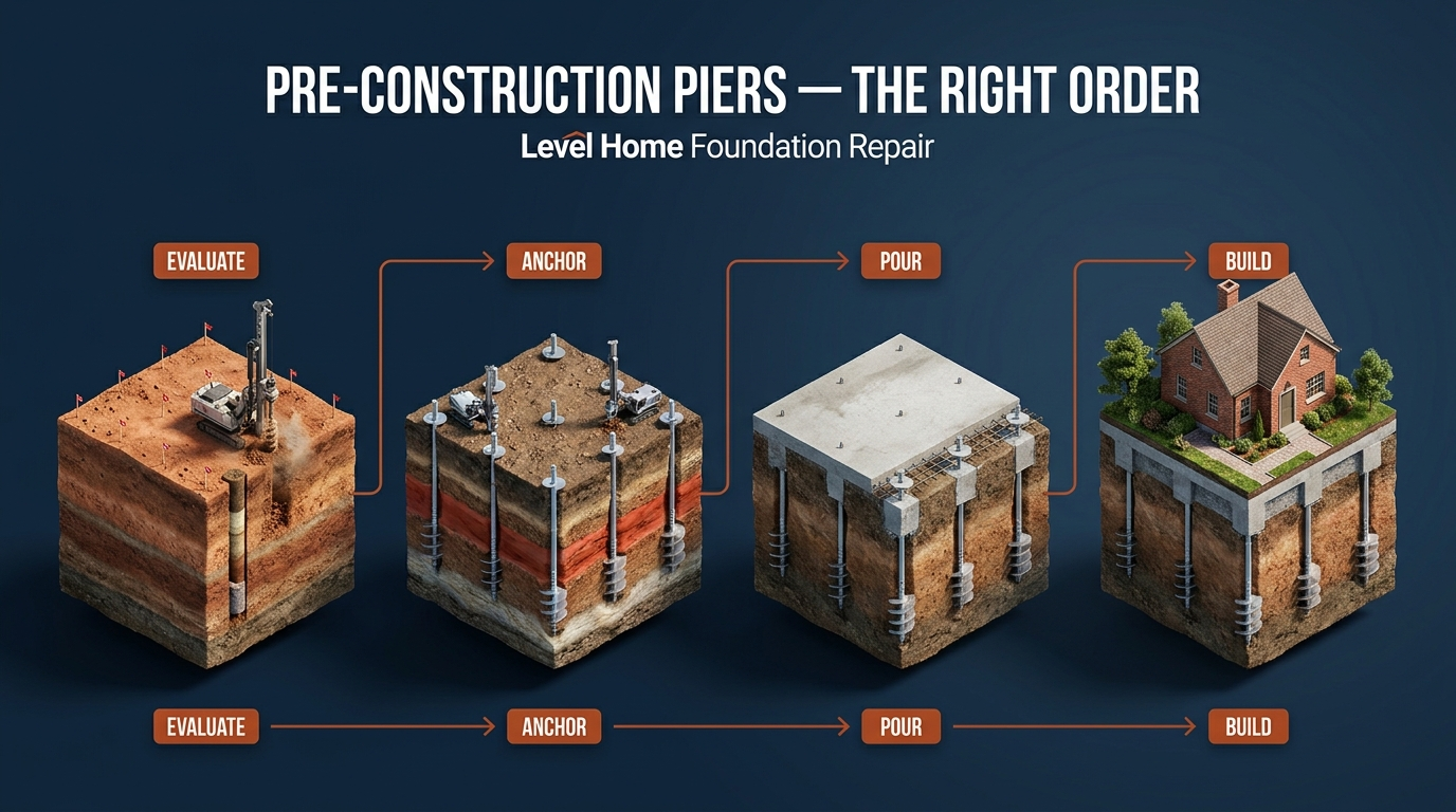 Pre-construction helical pier process diagram showing four stages: soil evaluation, pier anchoring below clay, foundation pour, and completed home built on deep pier support