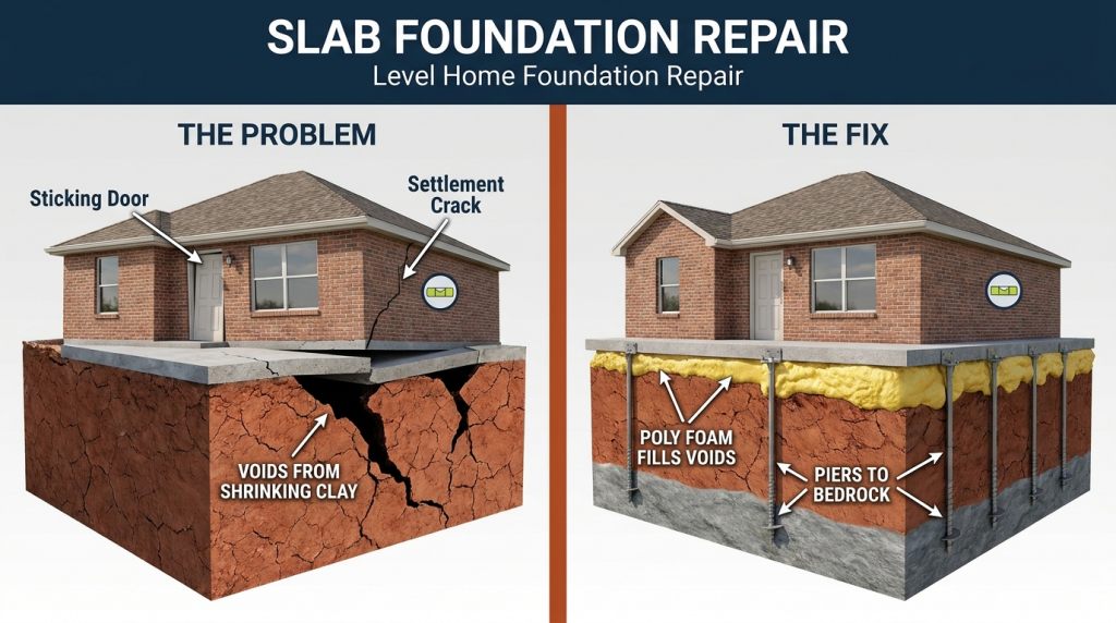 Diagram showing slab foundation settlement from clay soil voids on the left and the repair solution with steel piers to bedrock and poly foam filling voids on the right — Level Home Foundation Repair Tulsa