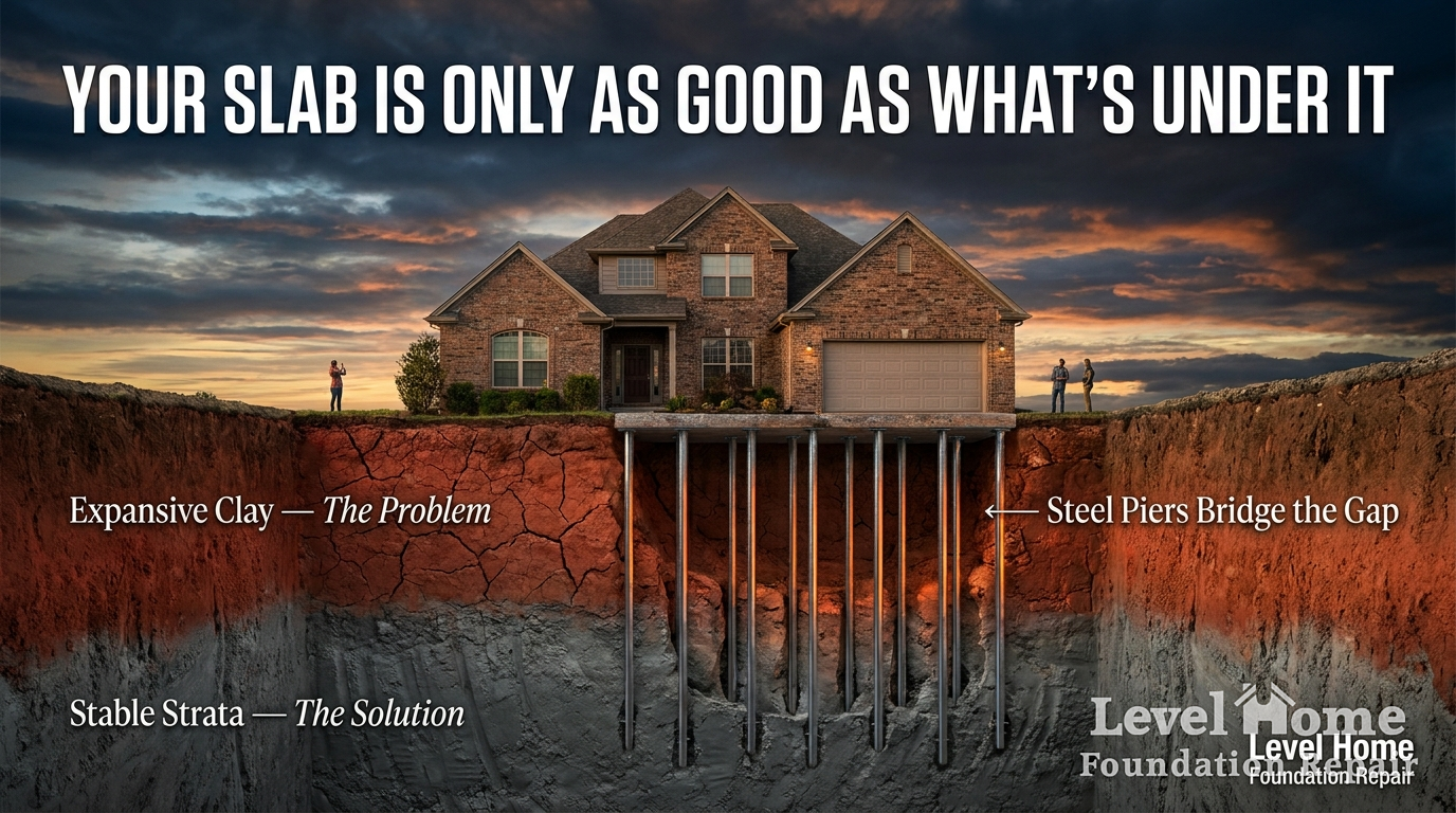 Steel push pier being driven through soil layers into bedrock during foundation repair in Tulsa Oklahoma